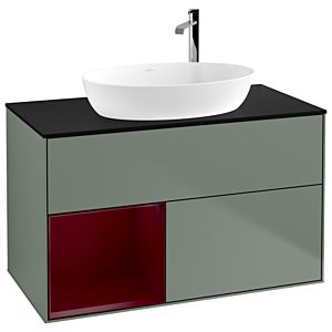 Villeroy und Boch Finion Waschtischunterschrank F892HBGM 100cm, Abdeckplatte black matt, Regale Peony matt lacquer, Olive Matt Lacquer