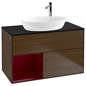 Villeroy und Boch Finion Waschtischunterschrank F892HBGN 100cm, Abdeckplatte black matt, Regale Peony matt lacquer, Walnut veneer