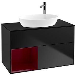 Villeroy et Boch Finion Villeroy et Boch F892HBPD 100cm, plaque de recouvrement noire mate, étagères Peony laqué mat, laqué noir mat