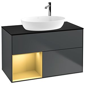 Villeroy und Boch Finion Waschtischunterschrank F892HFHG 100cm, Abdeckplatte black matt, Regale Gold matt lacquer, Midnight Blue Matt Lacquer