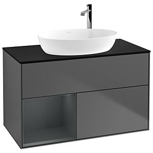 Villeroy und Boch Finion Waschtischunterschrank F892HGGK 100cm, Abdeckplatte black matt, Regale Midnight matt lacquer, Anthracite matt