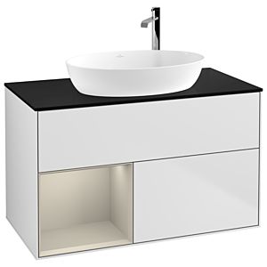 Villeroy und Boch Finion Waschtischunterschrank F892HHMT 100cm, Abdeckplatte black matt, Regale sand matt lacquer, White matt lacquer