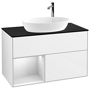 Villeroy und Boch Finion Waschtischunterschrank F892MTGF 100cm, Abdeckplatte black matt, Regale White matt lacquer, Glossy white lacquer