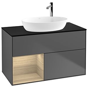 Villeroy und Boch Finion Waschtischunterschrank F892PCGK 100cm, Abdeckplatte black matt, Regale Oak Veneer, Anthracite matt