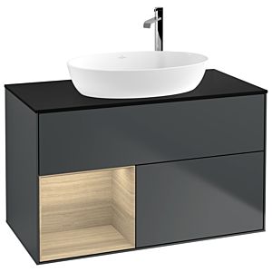 Villeroy und Boch Finion Waschtischunterschrank F892PCHG 100cm, Abdeckplatte black matt, Regale Oak Veneer, Midnight Blue Matt Lacquer