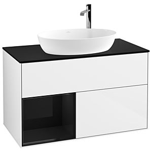 Villeroy und Boch Finion Waschtischunterschrank F892PHGF 100cm, Abdeckplatte black matt, Regale Glossy black lacquer, Glossy white lacquer