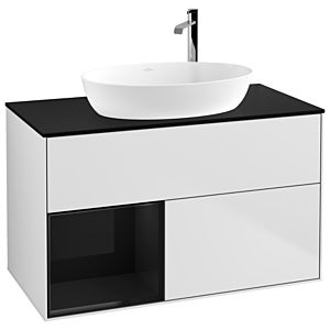 Villeroy und Boch Finion Waschtischunterschrank F892PHMT 100cm, Abdeckplatte black matt, Regale Glossy black lacquer, White matt lacquer