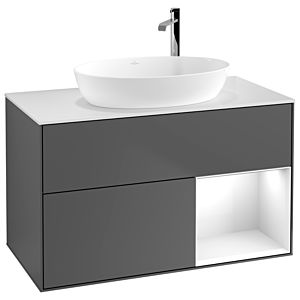 Villeroy et Boch Finion Villeroy et Boch F901GFGK 100cm, plaque de recouvrement blanc mat, étagères laqué blanc brillant, anthracite mat