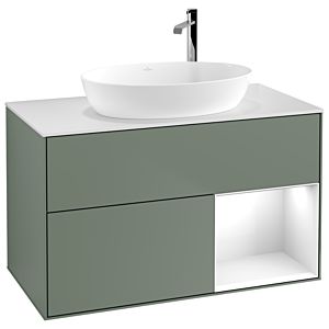 Villeroy und Boch Finion Waschtischunterschrank F901GFGM 100cm, Abdeckplatte white matt, Regale Glossy white lacquer, Olive Matt Lacquer
