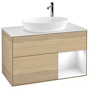 Villeroy und Boch Finion Waschtischunterschrank F901GFPC 100cm, Abdeckplatte white matt, Regale Glossy white lacquer, Oak Veneer