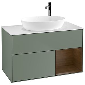 Villeroy und Boch Finion Waschtischunterschrank F901GNGM 100cm, Abdeckplatte white matt, Regale Walnut Veneer, Olive Matt Lacquer