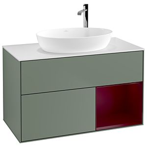 Villeroy und Boch Finion Waschtischunterschrank F901HBGM 100cm, Abdeckplatte white matt, Regale Peony matt lacquer, Olive Matt Lacquer