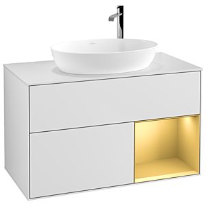 Villeroy et Boch Finion Villeroy et Boch F901HFMT 100cm, plaque de recouvrement blanc mat, étagères laqué or mat, laqué blanc mat