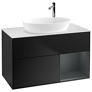 Villeroy und Boch Finion Waschtischunterschrank F901HGPD 100cm, Abdeckplatte white matt, Regale Midnight matt lacquer, Black matt lacquer