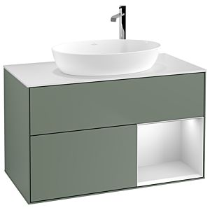 Villeroy et Boch Finion Villeroy et Boch F901MTGM 100cm, plaque de recouvrement blanc mat, étagères laqué blanc mat, Olive Matt Lacquer