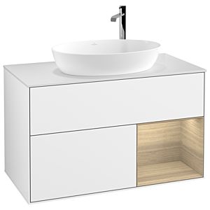 Villeroy et Boch Finion Villeroy et Boch F901PCGF 100cm, plaque de recouvrement blanc mat, étagères Oak Veneer , laqué blanc brillant