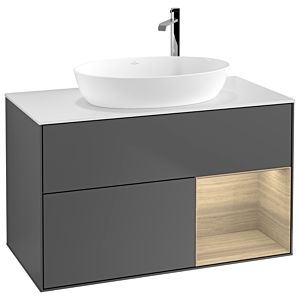 Villeroy und Boch Finion Waschtischunterschrank F901PCGK 100cm, Abdeckplatte white matt, Regale Oak Veneer, Anthracite matt