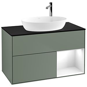 Villeroy et Boch Finion Villeroy et Boch F902GFGM 100cm, plaque de recouvrement noir mat, étagères Laque blanche brillante, Olive Matt Lacquer