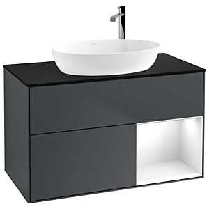 Villeroy et Boch Finion Villeroy et Boch F902GFHG 100cm, plaque de recouvrement noir mat, étagères Laque blanc brillant, Midnight Blue Matt Lacquer