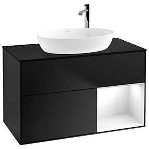 Villeroy und Boch Finion Waschtischunterschrank F902GFPD 100cm, Abdeckplatte black matt, Regale Glossy white lacquer, Black matt lacquer