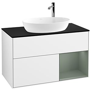 Villeroy et Boch Finion Villeroy et Boch F902GMGF 100cm, plaque de recouvrement noir mat, étagères laqué olive mat, laqué blanc brillant