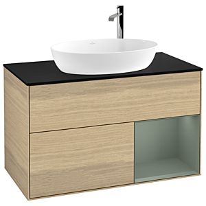 Villeroy et Boch Finion Villeroy et Boch F902GMPC 100cm, plaque de finition noir mat, étagères olive laqué mat, Oak Veneer