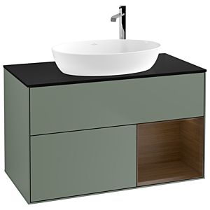 Villeroy und Boch Finion Waschtischunterschrank F902GNGM 100cm, Abdeckplatte black matt, Regale Walnut Veneer, Olive Matt Lacquer