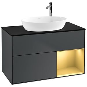 Villeroy et Boch Finion Villeroy et Boch F902HFHG 100cm, plaque de recouvrement noir mat, étagères laqué or mat, Midnight Blue Matt Lacquer