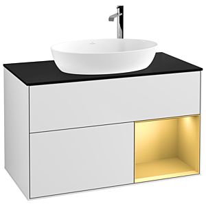Villeroy und Boch Finion Waschtischunterschrank F902HFMT 100cm, Abdeckplatte black matt, Regale Gold matt lacquer, White matt lacquer