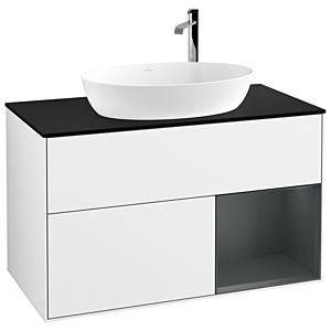 Villeroy und Boch Finion Waschtischunterschrank F902HGGF 100cm, Abdeckplatte black matt, Regale Midnight matt lacquer, Glossy white lacquer