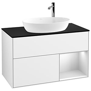 Villeroy et Boch Finion Villeroy et Boch F902MTGF 100cm, plaque de recouvrement noire mate, étagères en laque blanche mate, laque blanche brillante