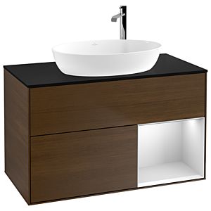 Villeroy et Boch Finion Villeroy et Boch F902MTGN 100cm, plaque de recouvrement noire mate, étagères laquées blanc mat, placage noyer