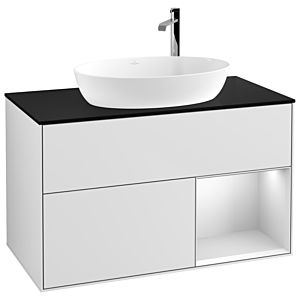 Villeroy und Boch Finion Waschtischunterschrank F902MTMT 100cm, Abdeckplatte black matt, Regale White matt lacquer, White matt lacquer