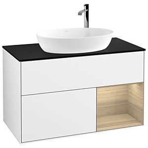 Villeroy et Boch Finion Villeroy et Boch F902PCGF 100cm, plaque de recouvrement noir mat, étagères Oak Veneer , laqué blanc brillant