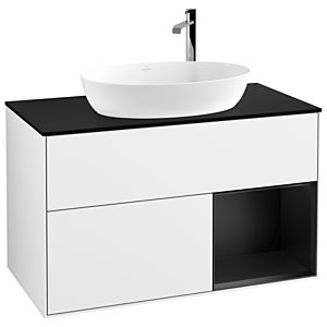 Villeroy und Boch Finion Waschtischunterschrank F902PDGF 100cm, Abdeckplatte black matt, Regale Black matt lacquer, Glossy white lacquer