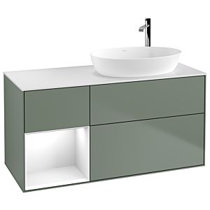 Villeroy et Boch Finion Villeroy et Boch F921GFGM 120cm, plaque de recouvrement blanc mat, étagères Laque blanc brillant, Olive Matt Lacquer