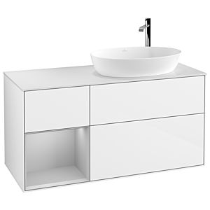 Villeroy und Boch Finion Waschtischunterschrank F921GJGF 120cm, Abdeckplatte white matt, Regale Light grey matt lacquer, Glossy white lacquer