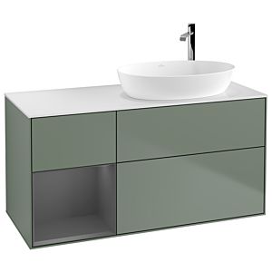 Villeroy et Boch Finion F921GKGM 120cm, plaque de recouvrement blanc mat, étagères laqué mat anthracite, Olive Matt Lacquer