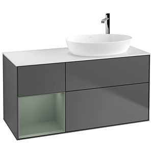 Villeroy und Boch Finion Waschtischunterschrank F921GMGK 120cm, Abdeckplatte white matt, Regale Olive matt lacquer, Anthracite matt