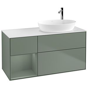 Villeroy et Boch Finion Villeroy et Boch F921GMGM 120cm, plaque de recouvrement blanc mat, étagères laqué olive mat, Olive Matt Lacquer