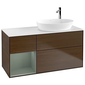 Villeroy et Boch Finion Villeroy et Boch F921GMGN 120cm, plaque de finition blanc mat, étagères laqué olive mat, placage noyer