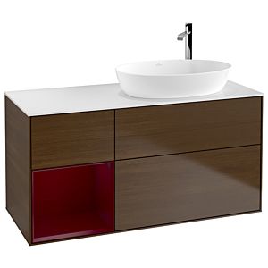 Villeroy und Boch Finion Waschtischunterschrank F921HBGN 120cm, Abdeckplatte white matt, Regale Peony matt lacquer, Walnut veneer