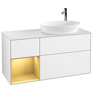 Villeroy et Boch Finion Villeroy et Boch F921HFGF 120cm, plaque de finition blanc mat, étagères laqué or mat, laqué blanc brillant