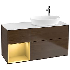 Villeroy et Boch Finion Villeroy et Boch F921HFGN 120cm, plaque de finition blanc mat, étagères laqué or mat, placage noyer