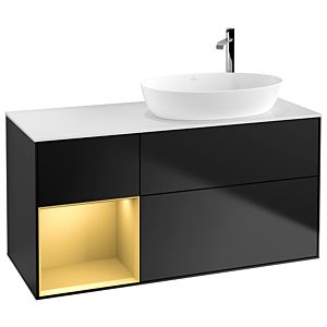 Villeroy et Boch Finion Villeroy et Boch F921HFPD 120cm, plaque de recouvrement blanc mat, étagères laqué or mat, laqué noir mat