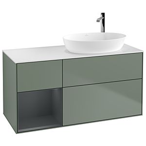 Villeroy und Boch Finion Waschtischunterschrank F921HGGM 120cm, Abdeckplatte white matt, Regale Midnight matt lacquer, Olive Matt Lacquer