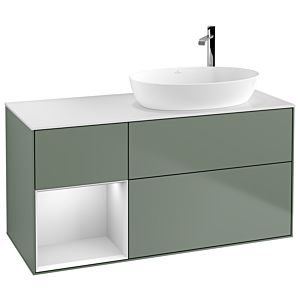 Villeroy und Boch Finion Waschtischunterschrank F921MTGM 120cm, Abdeckplatte white matt, Regale White matt lacquer, Olive Matt Lacquer
