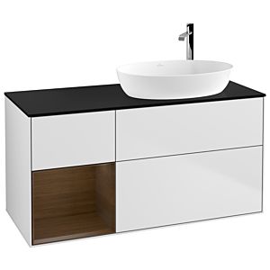 Villeroy und Boch Finion Waschtischunterschrank F922GNMT 120cm, Abdeckplatte black matt, Regale Walnut Veneer, White matt lacquer