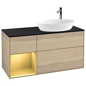 Villeroy et Boch Finion Villeroy et Boch F922HFPC 120cm, plaque de finition noir mat, étagères laqué or mat, Oak Veneer