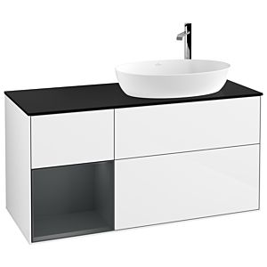Villeroy und Boch Finion Waschtischunterschrank F922HGGF 120cm, Abdeckplatte black matt, Regale Midnight matt lacquer, Glossy white lacquer